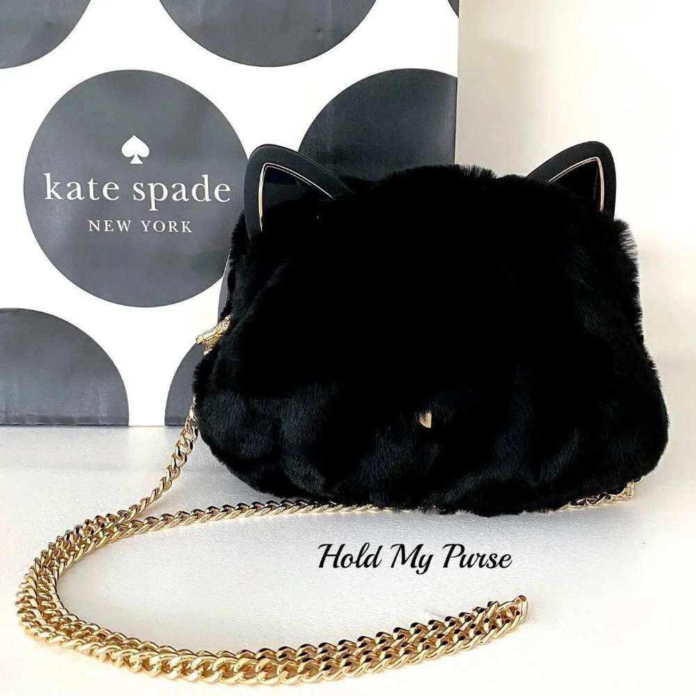 Kate Spade Pitch Purrfect Faux Fur Black Cat Bag NWT